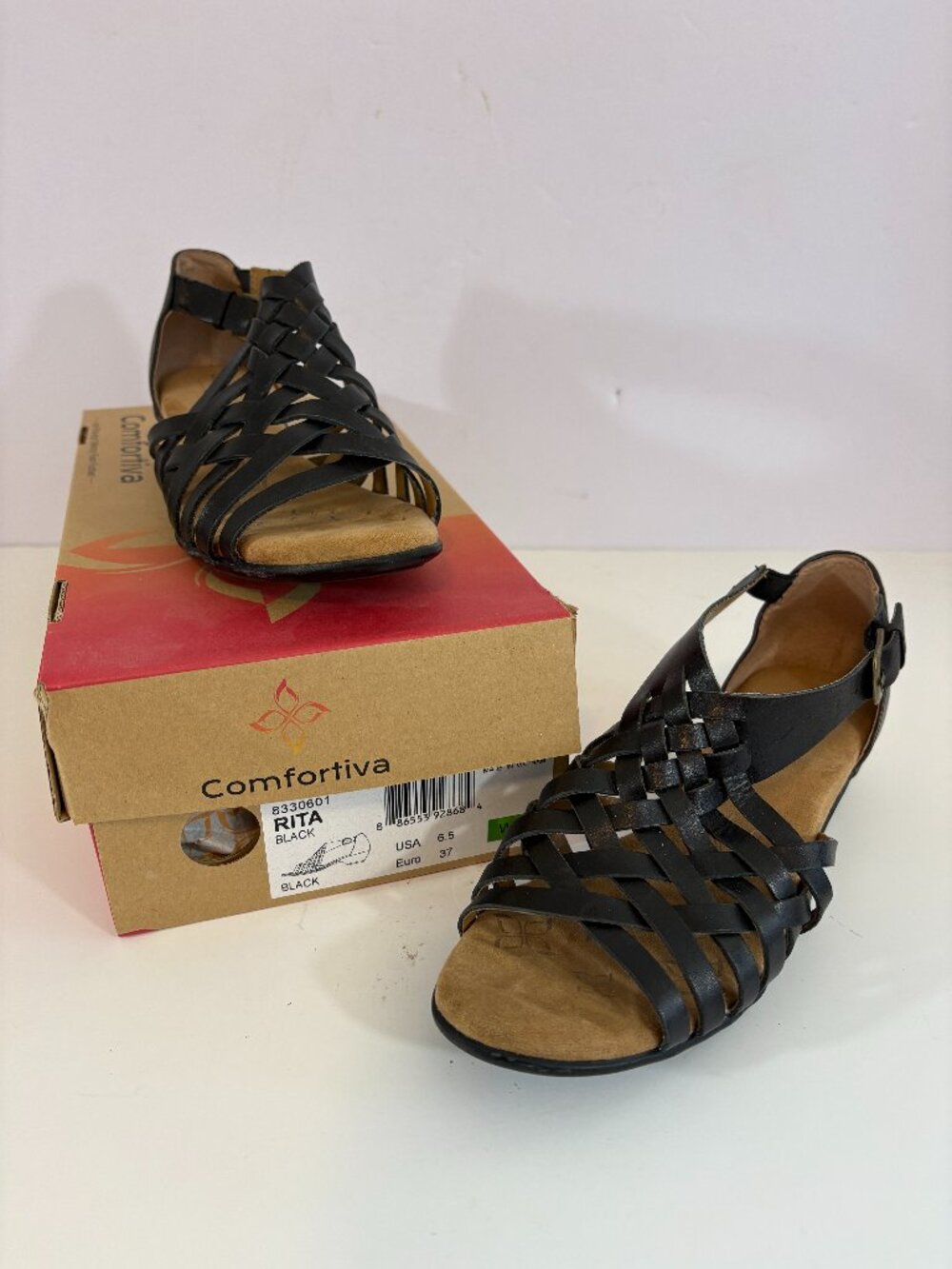 Comfortiva Rita Black Sandals 6.5 Wide Strappy Low Wedge Open Toe